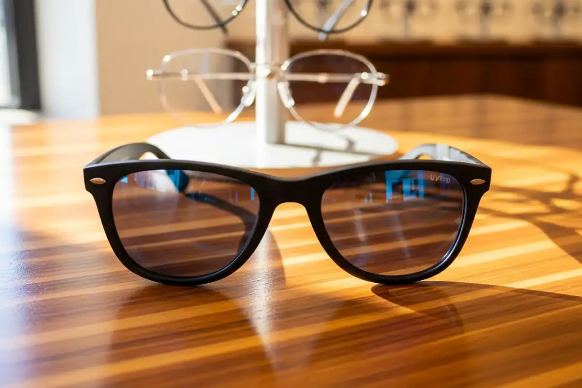 Lunettes de soleil à protection UV400 posées sur un comptoir d'opticien, avec montures variées visibles en arrière-plan.